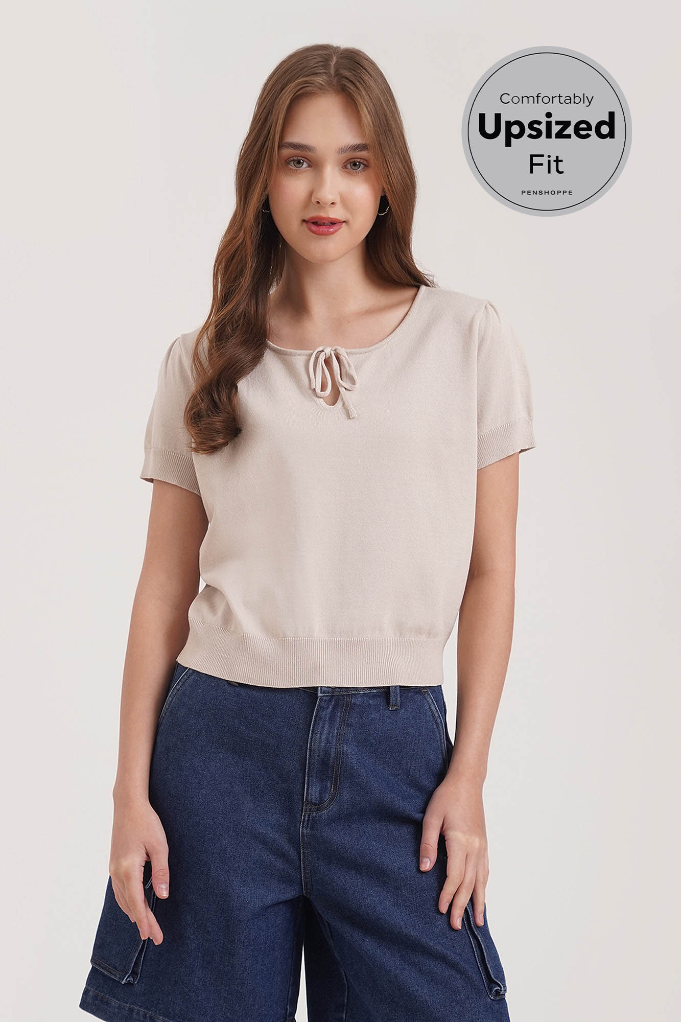 Semi-Cropped Relaxed Fit Flat Knit Top with Keyhole Detail