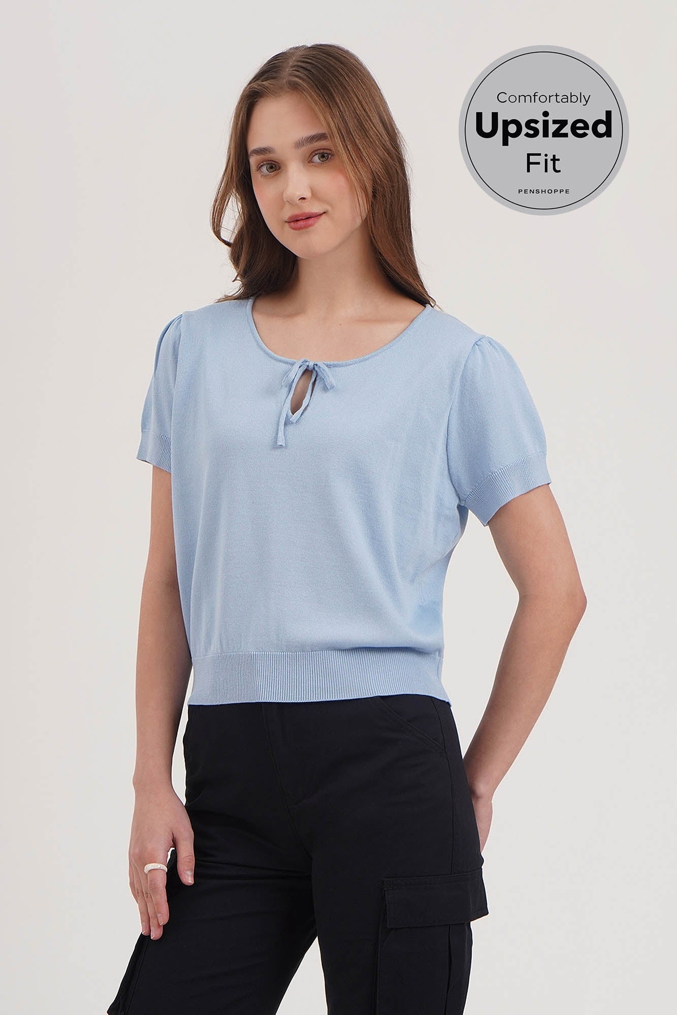 Semi-Cropped Relaxed Fit Flat Knit Top with Keyhole Detail