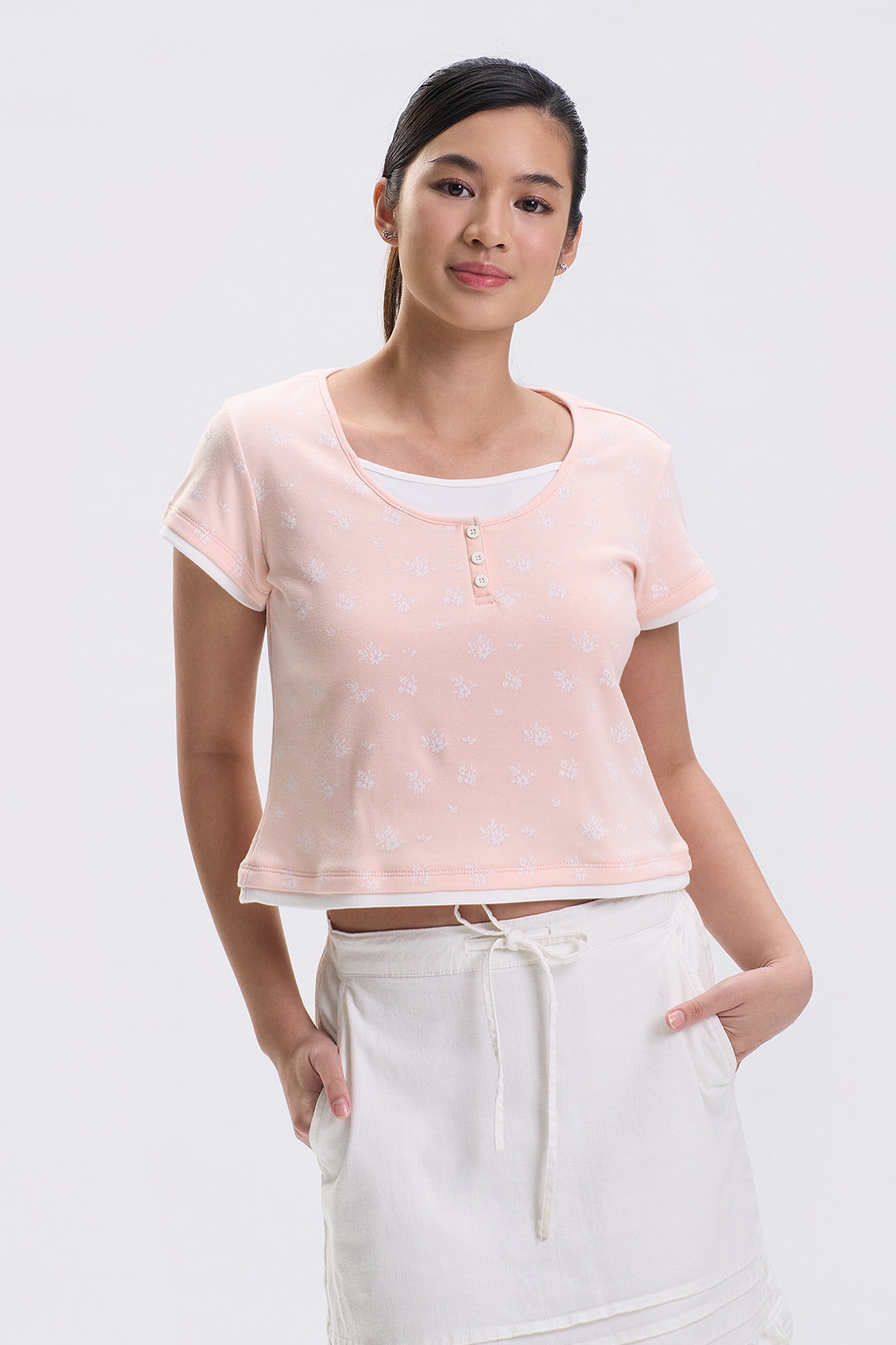 Floral All-Over Print Henley Two-Fer Top – PENSHOPPE