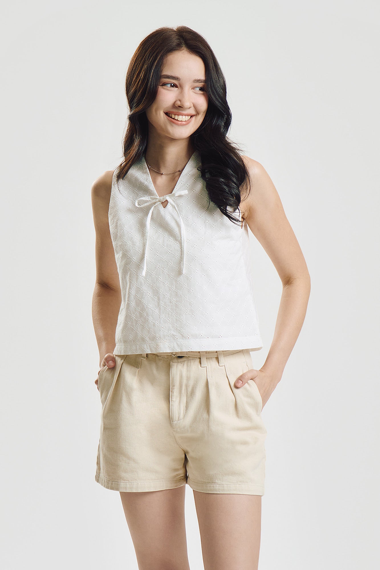 Sleeveless Eyelet Top with Tie Detail – PENSHOPPE