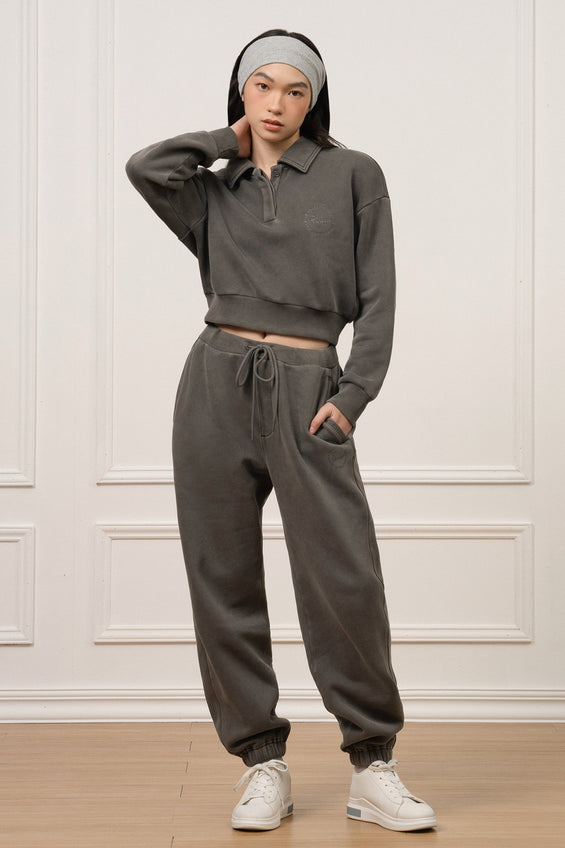 Relaxed Fit Cropped Polo Pullover Sweater with Branding Embroidery