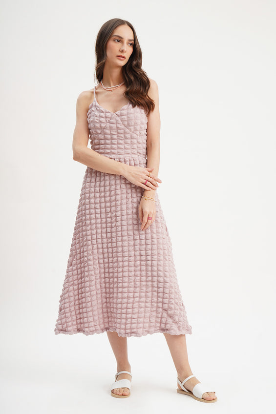 Sleeveless Textured Dress with Thin Straps and Tie Detail