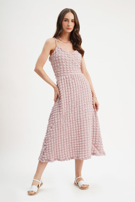 Sleeveless Textured Dress with Thin Straps and Tie Detail