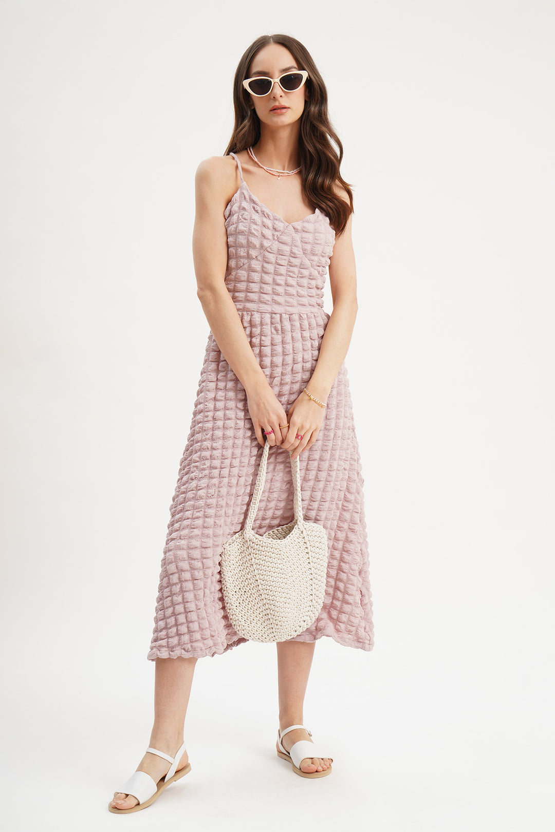 Sleeveless Textured Dress with Thin Straps and Tie Detail