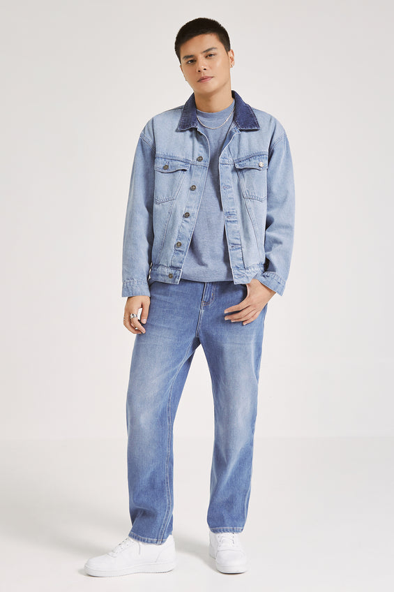 Oversized Denim Jacket with Dark Denim Contrast Detail