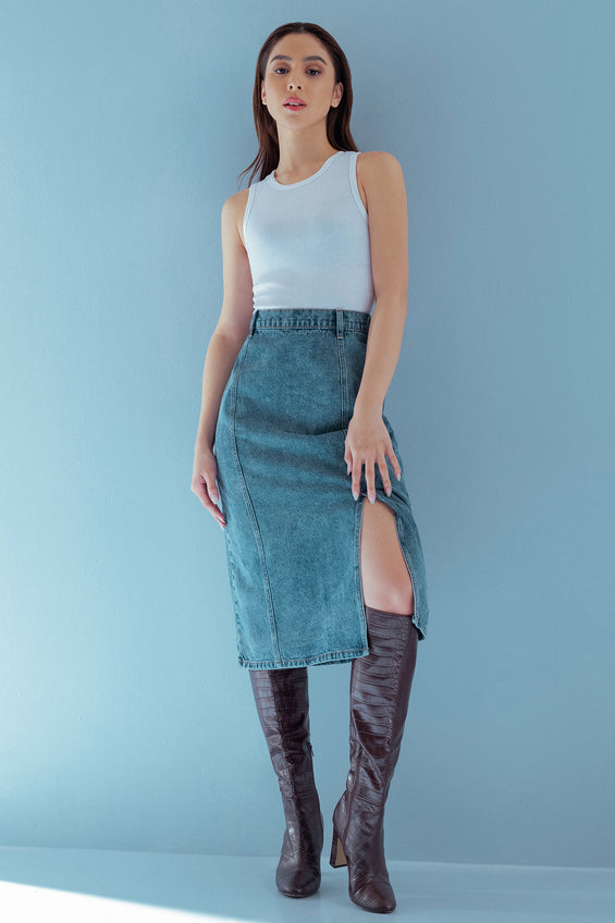 Denim Midi Skirt with Side Slit