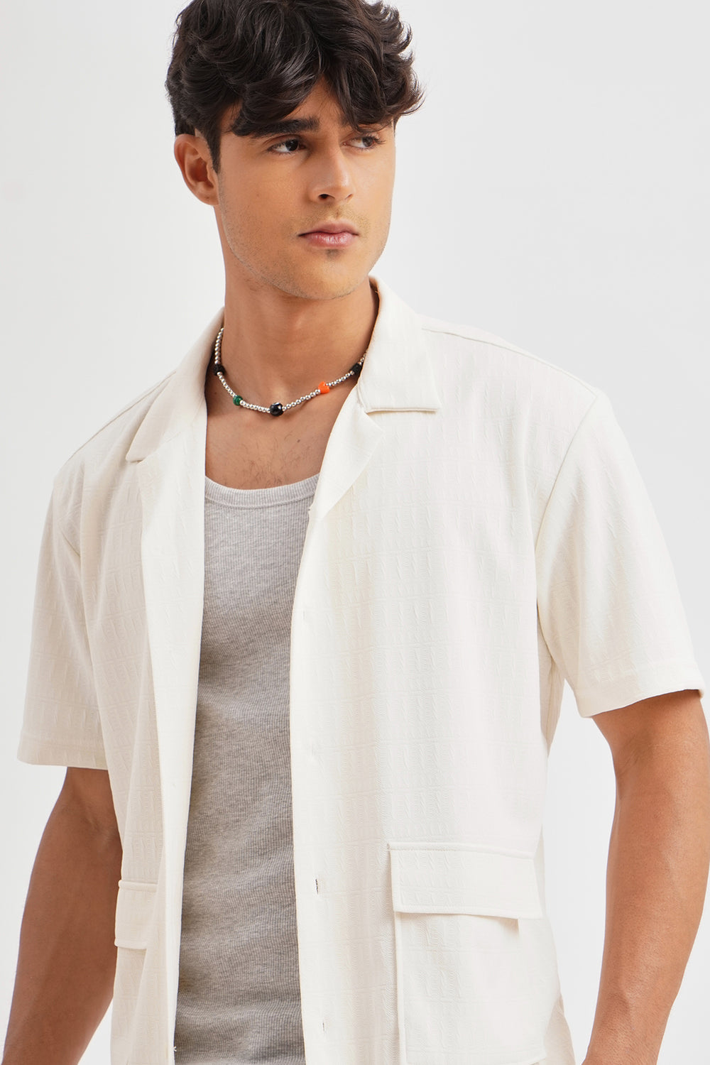 Relaxed Fit Textured Resort Shirt with Patch Pockets