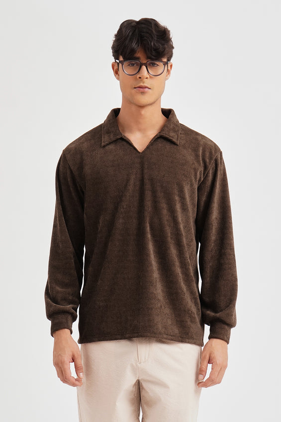 Relaxed Fit Textured Knit Polo with Open Collar