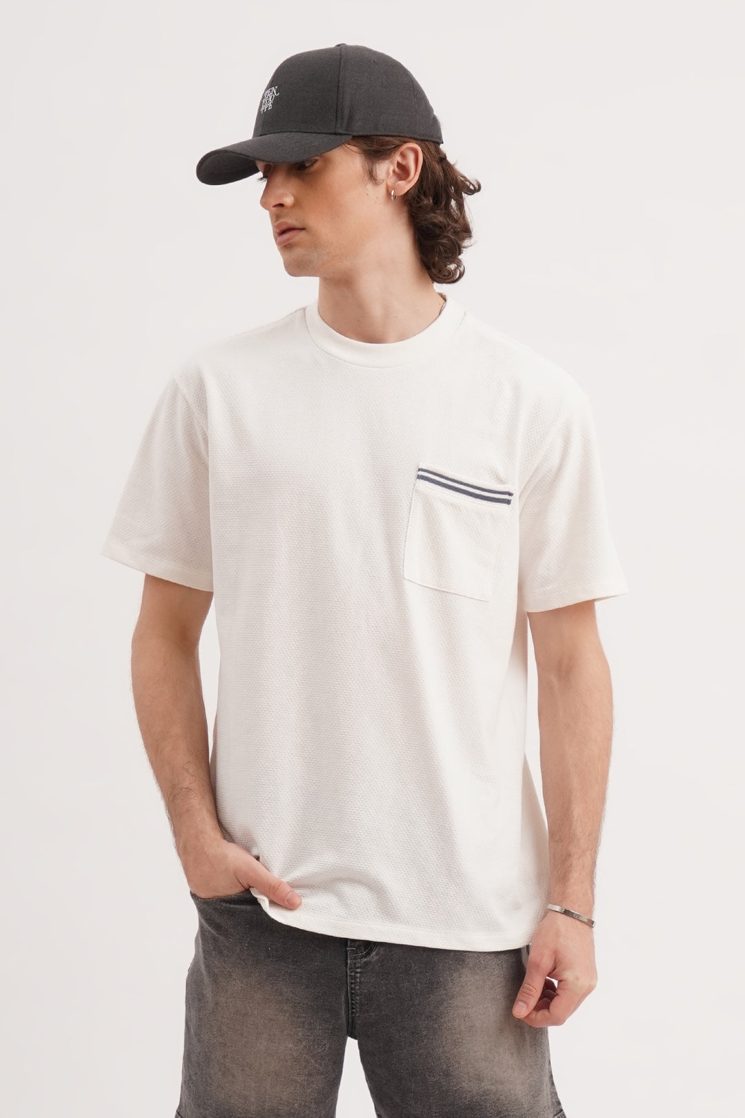 Relaxed Fit Textured Knit T-Shirt with Pocket