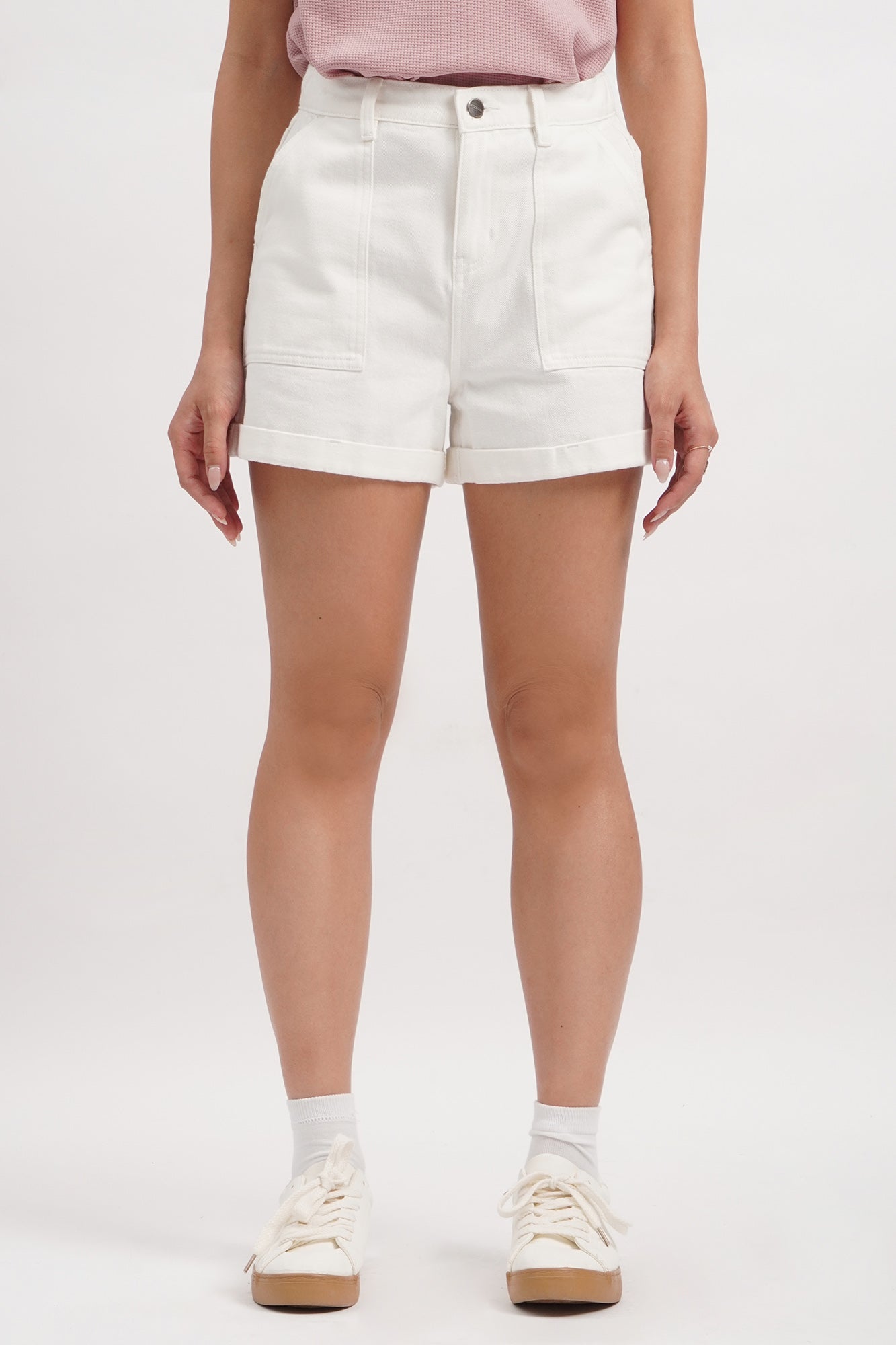 White Denim Shorts with Turn Up Hem
