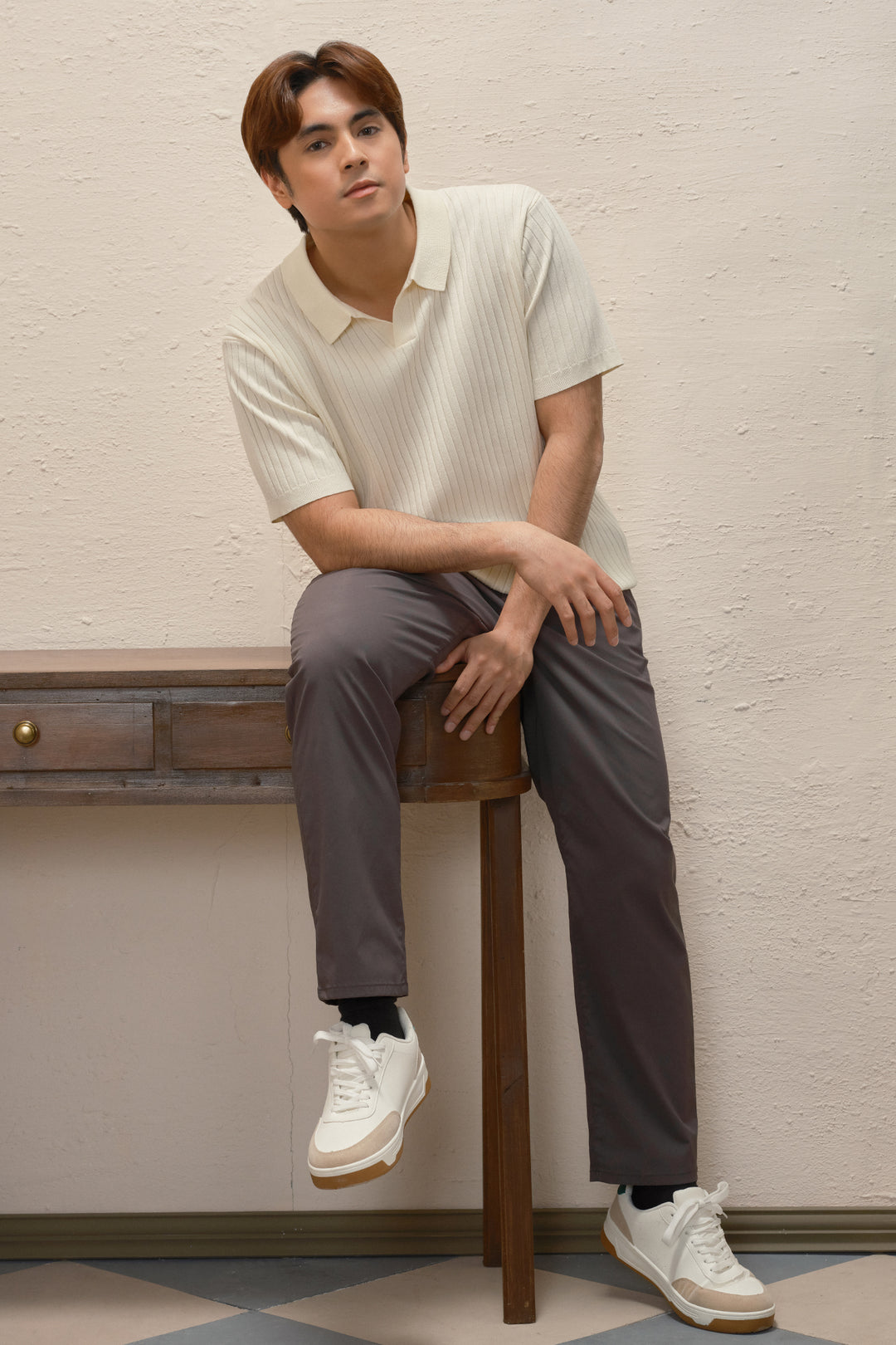 Dress Code Relaxed Fit Ribbed Knit Polo with Open Collar