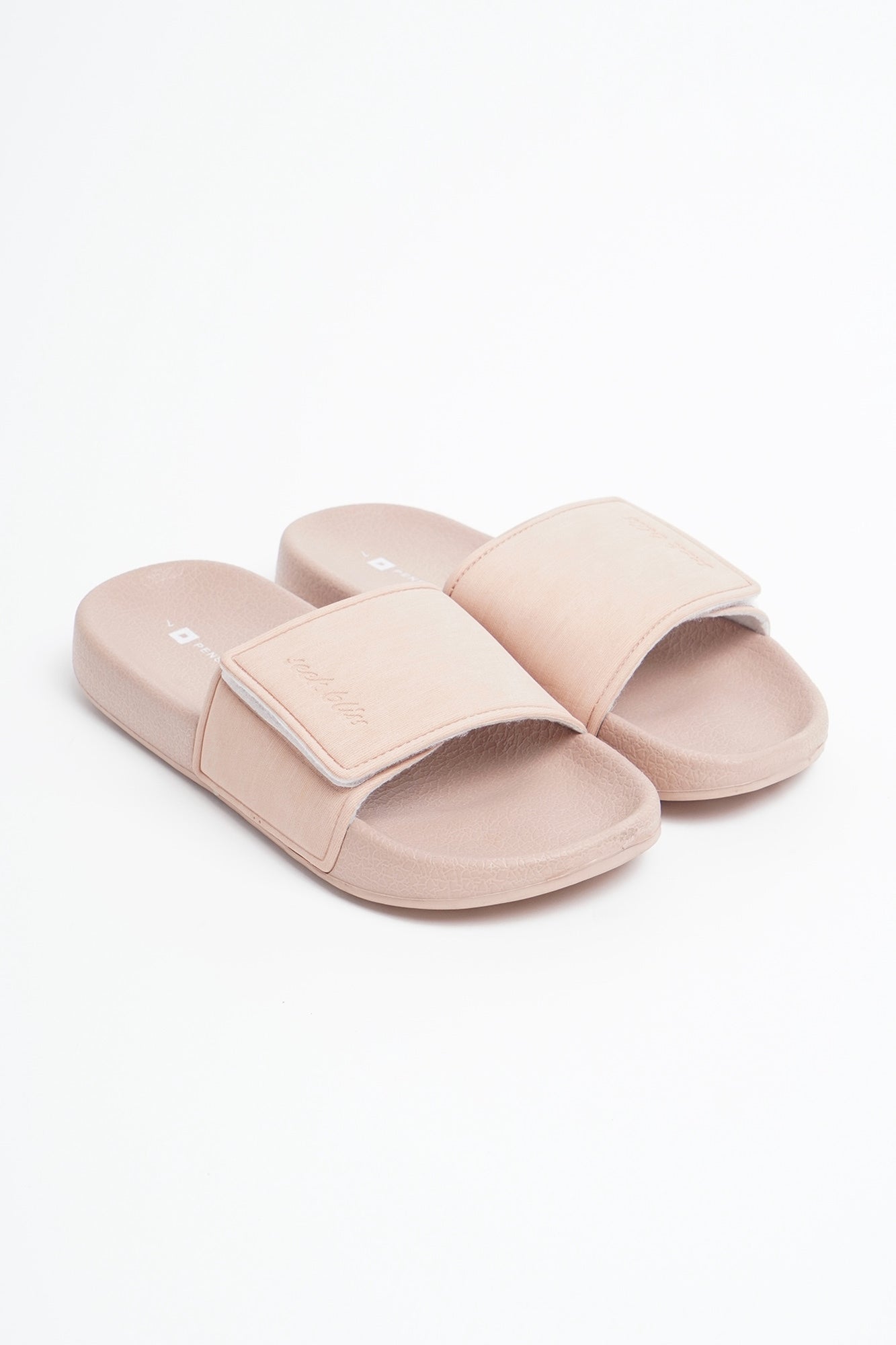 Women s Textured Polyurethane Leather Slides with Debossed Text PENSHOPPE