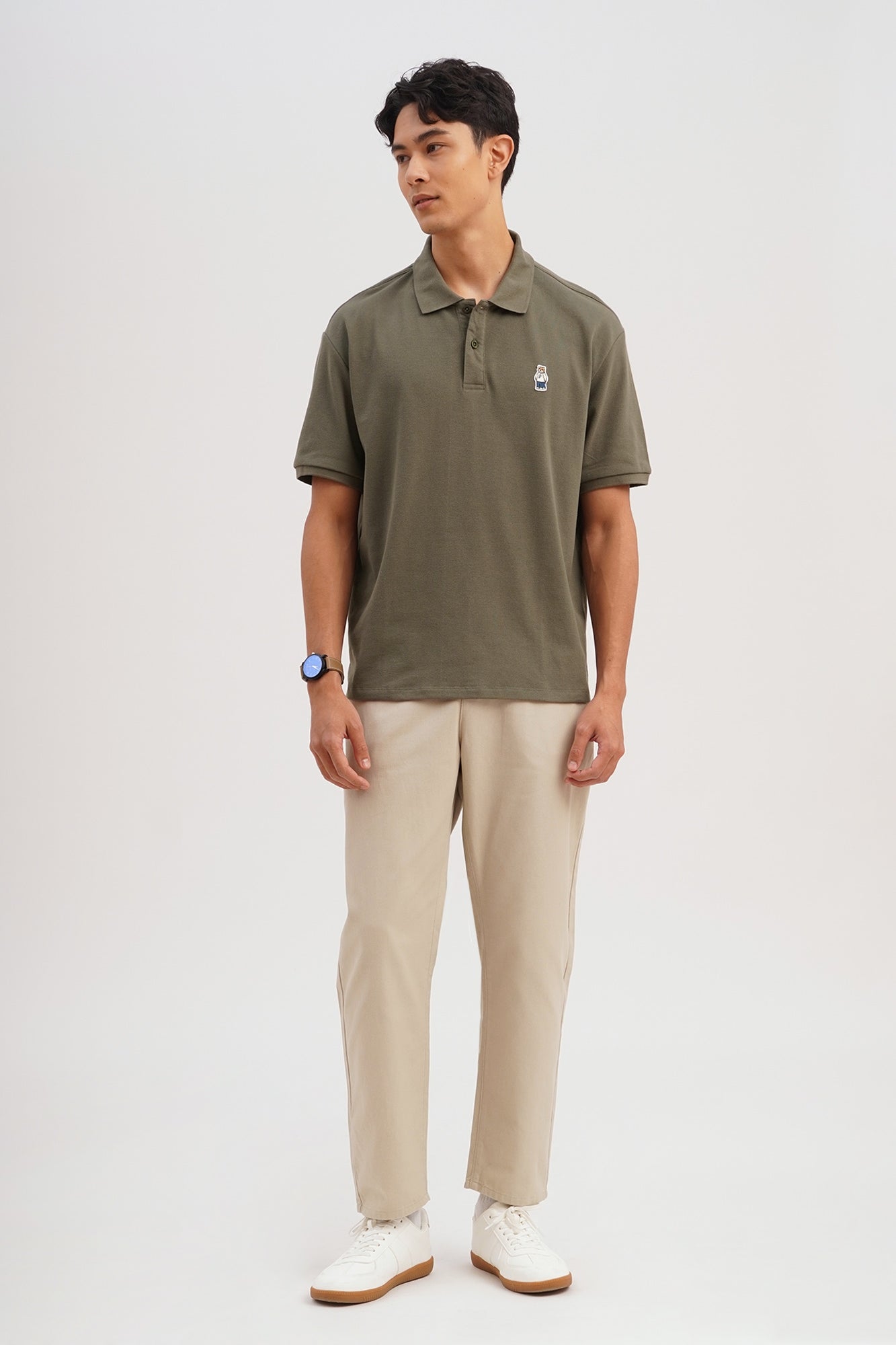Relaxed Fit Polo with Crew Bear Patch Embroidery