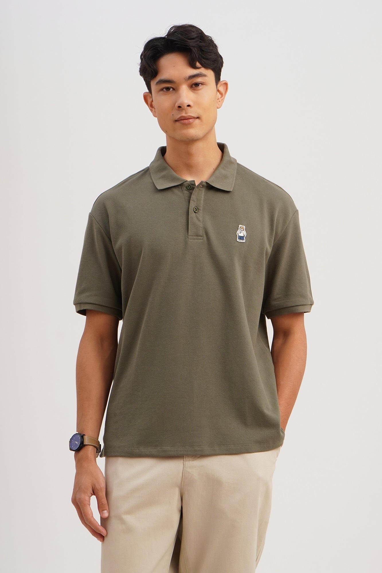Relaxed Fit Polo with Crew Bear Patch Embroidery