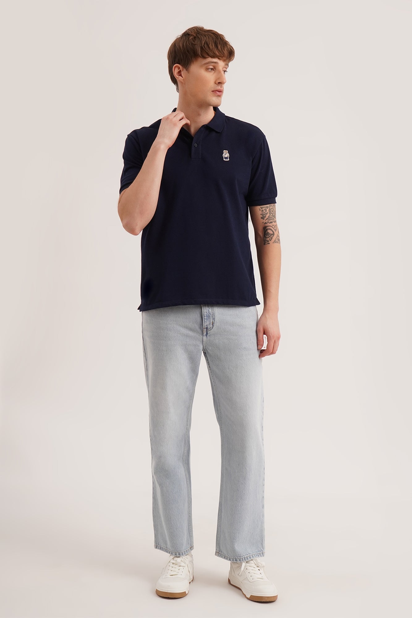 Relaxed Fit Polo with Crew Bear Patch Embroidery