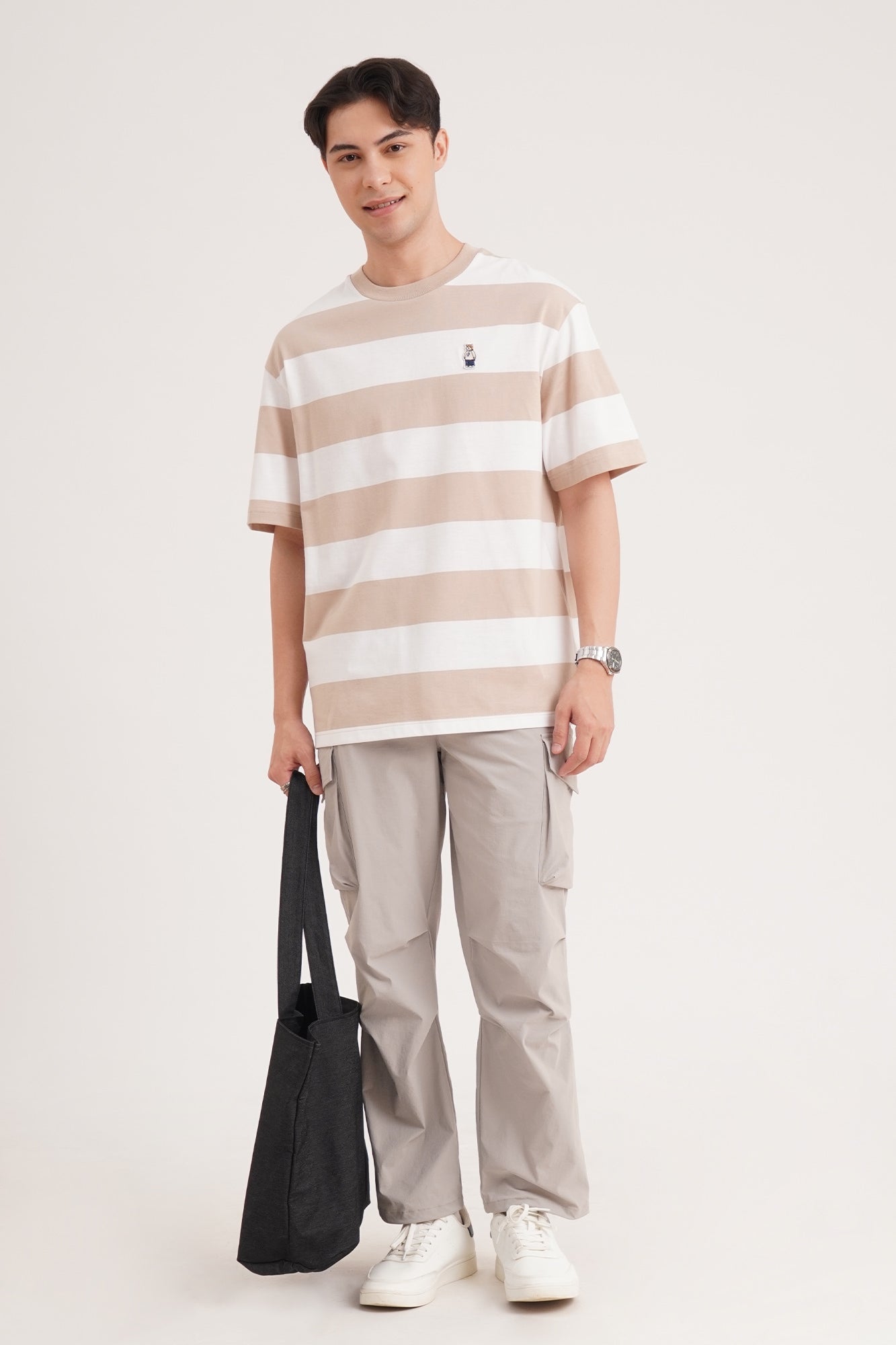 Relaxed Fit Striped T-Shirt with Crew Bear Patch Embroidery
