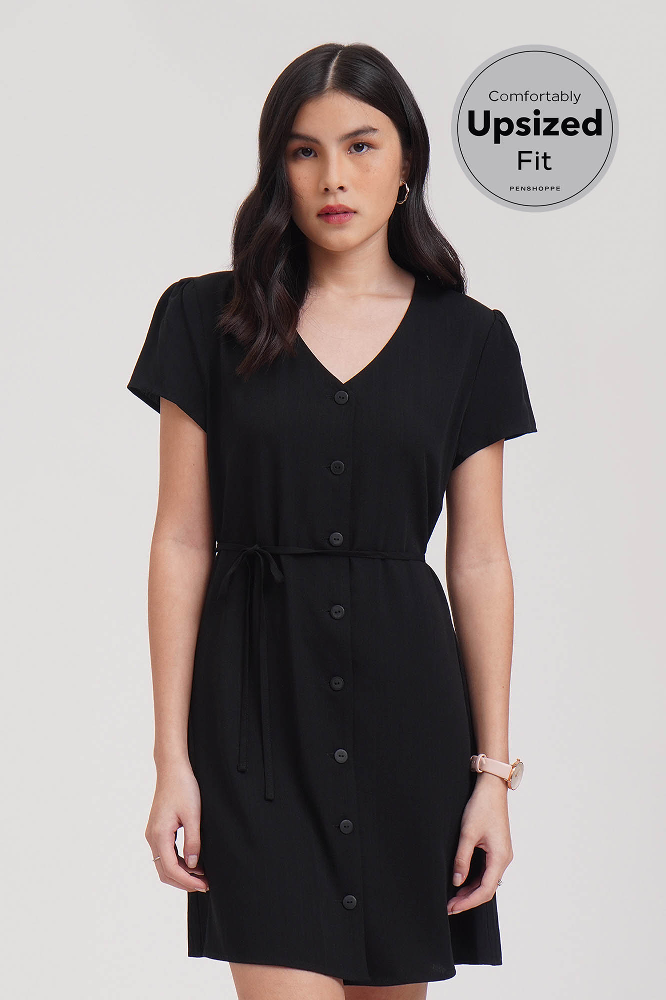 Button Front V-Neck Dress