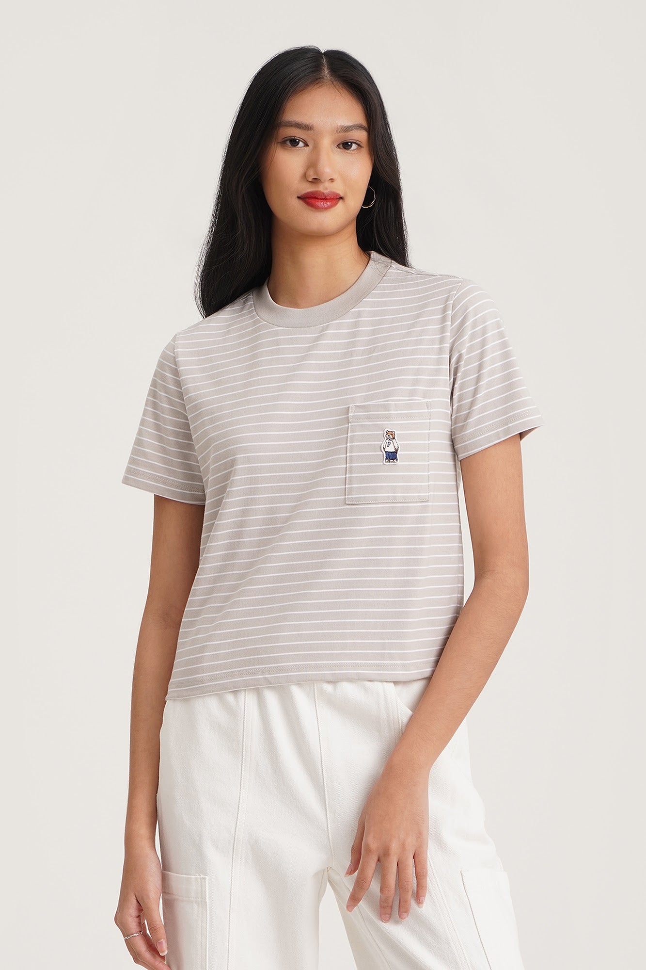 【CPGN STUDIO】24SS★ Coffe Bear Embroidery Short Sleeve Tee Stripes Relaxed Fit T-Shirt with Pocket and Crew Bear