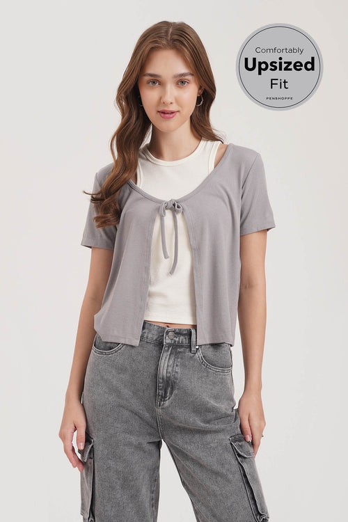 Short Sleeve Tie Cardigan with Tank Top Set
