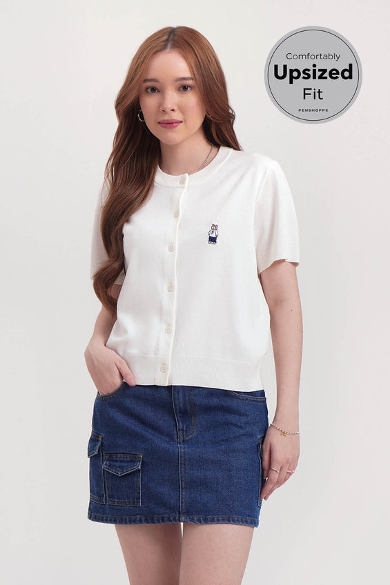 Regular Fit Flat Knit Button Down Top with Crew Bear Embroidery