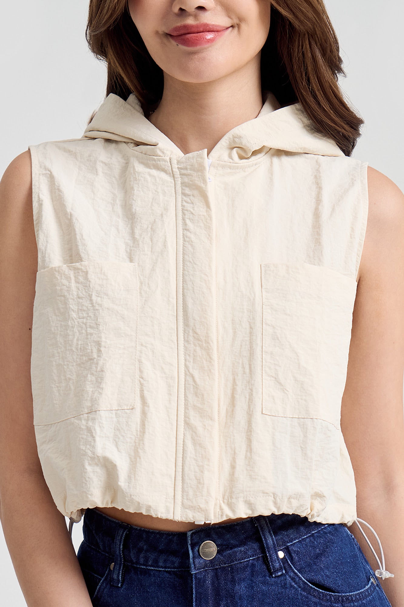 Sleeveless Cropped Nylon Hoodie Vest with Pockets – PENSHOPPE