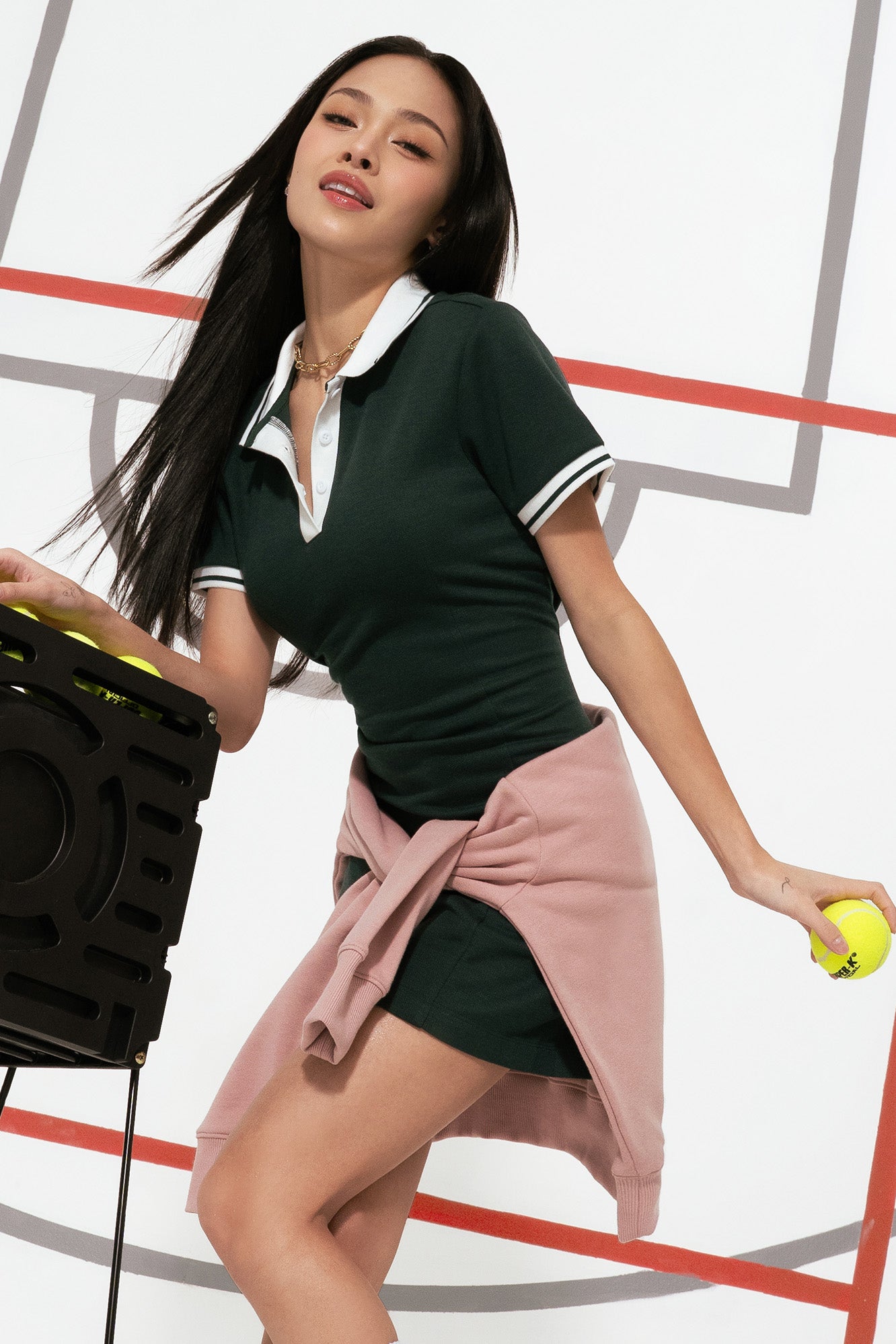 Slim Fit Polo Mini Dress with Contrast Collar and Placket with Pleats