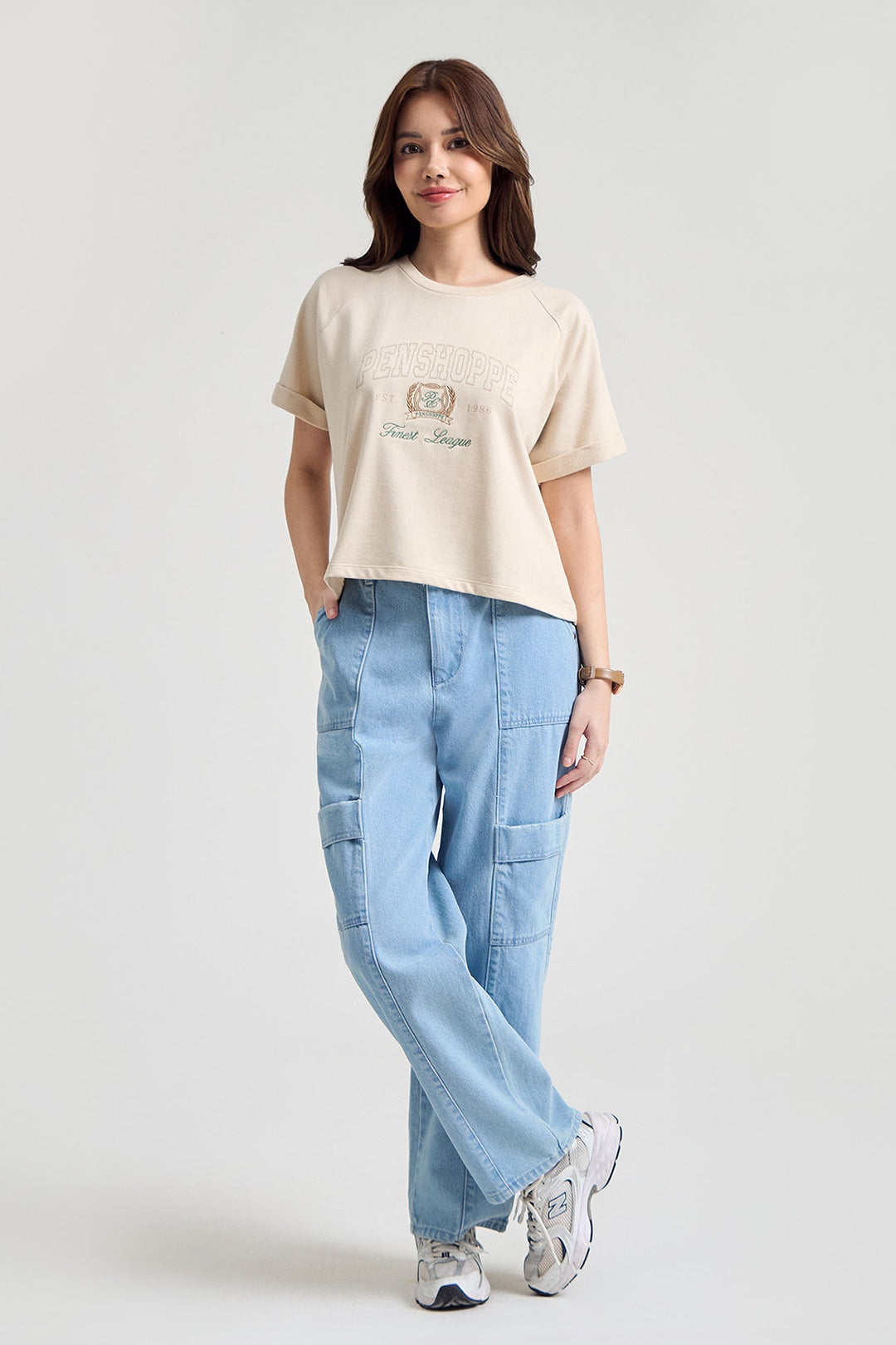 Penshoppe Boxy Fit Raglan Semi-Cropped Graphic T-Shirt