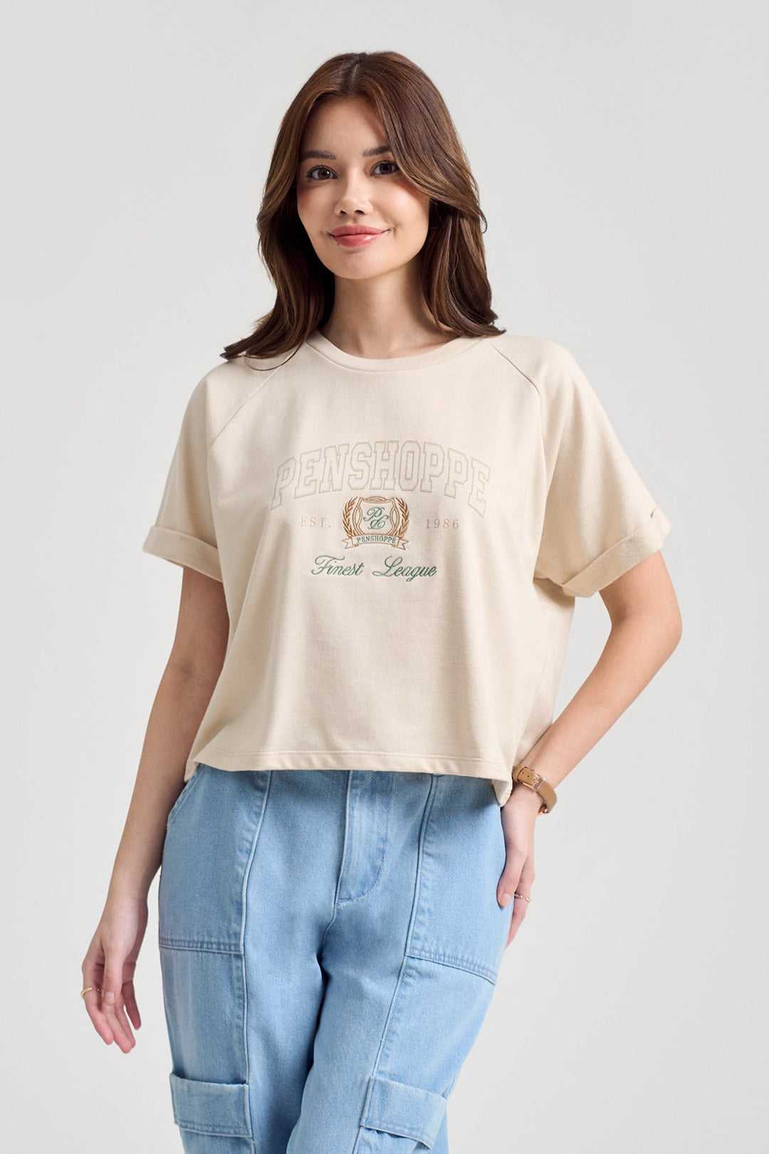 Penshoppe Boxy Fit Raglan Semi-Cropped Graphic T-Shirt