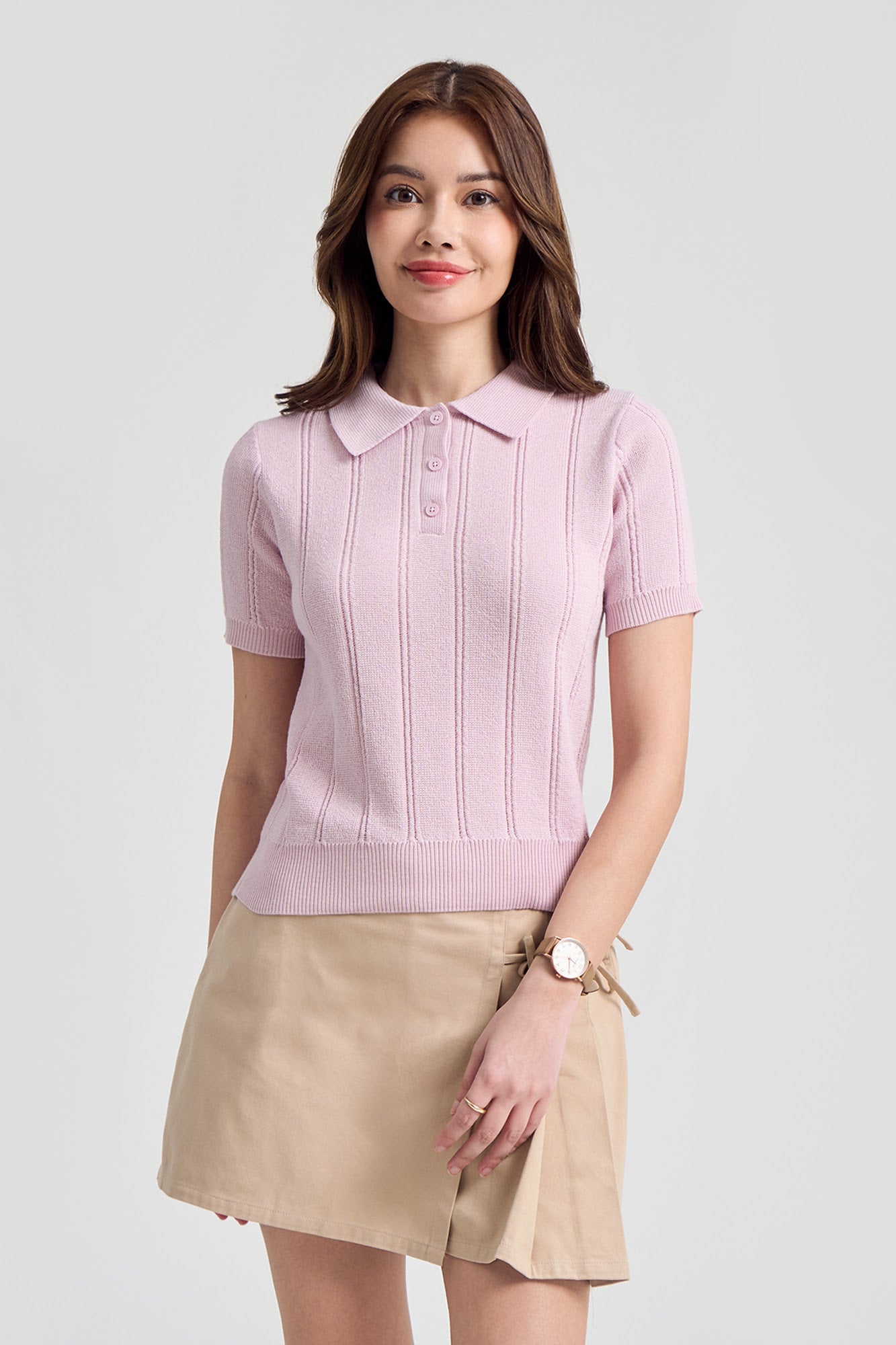 トップス muguet uv cut polo knit PINK BEIGE Relaxed Fit Textured Knit Polo – PENSHOPPE