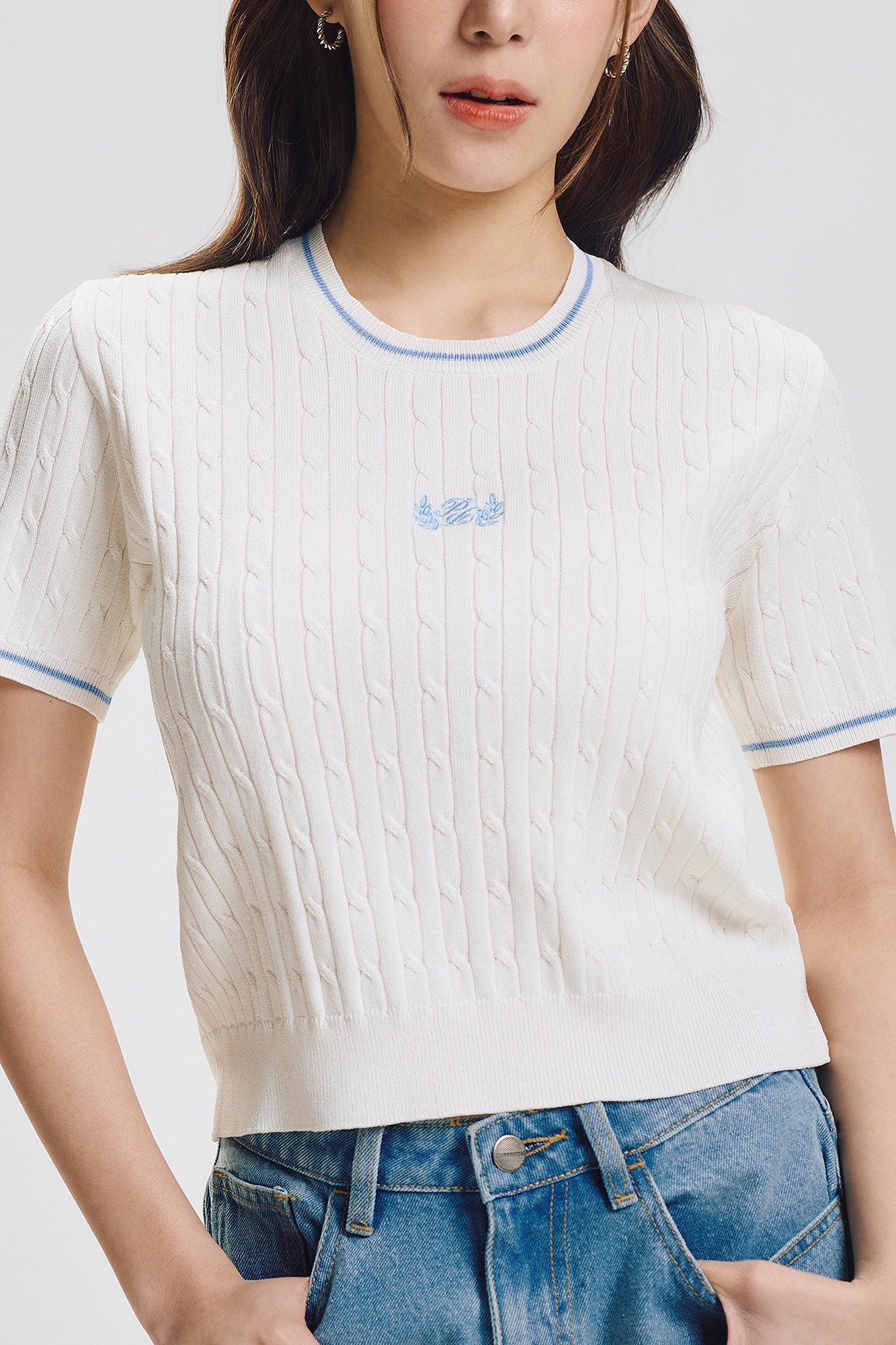 Cable Knit Regular Fit Top with Crest Branding and Contrast Detail