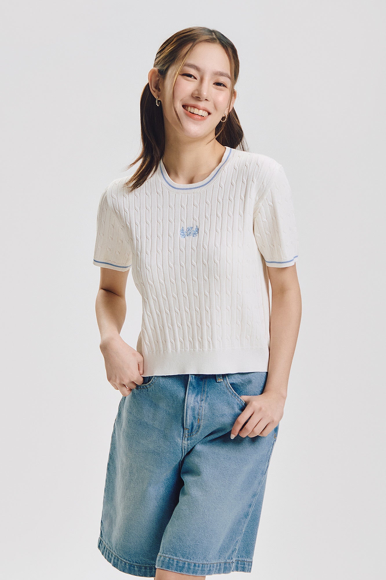 Cable Knit Regular Fit Top with Crest Branding and Contrast Detail