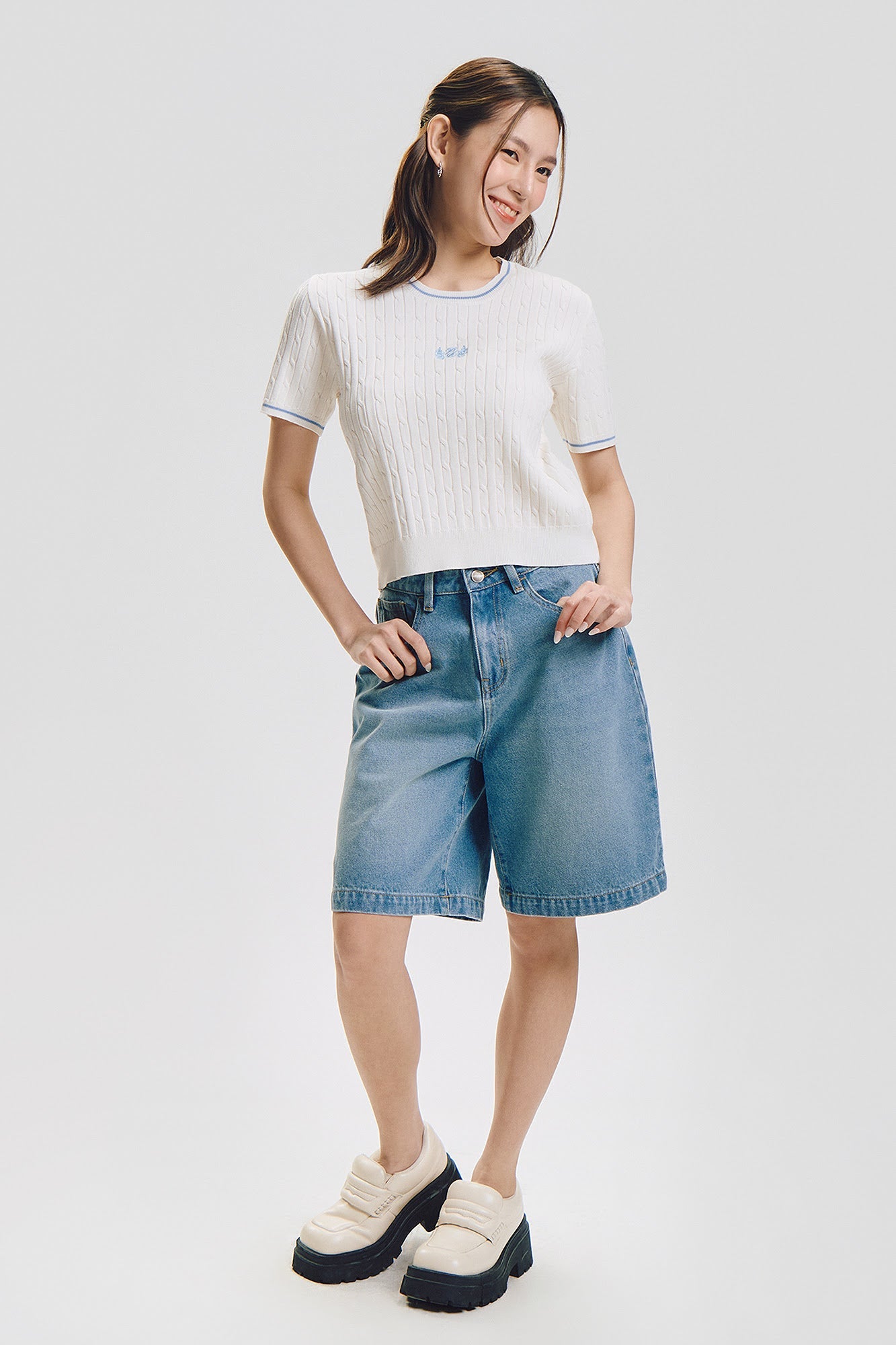Cable Knit Regular Fit Top with Crest Branding and Contrast Detail