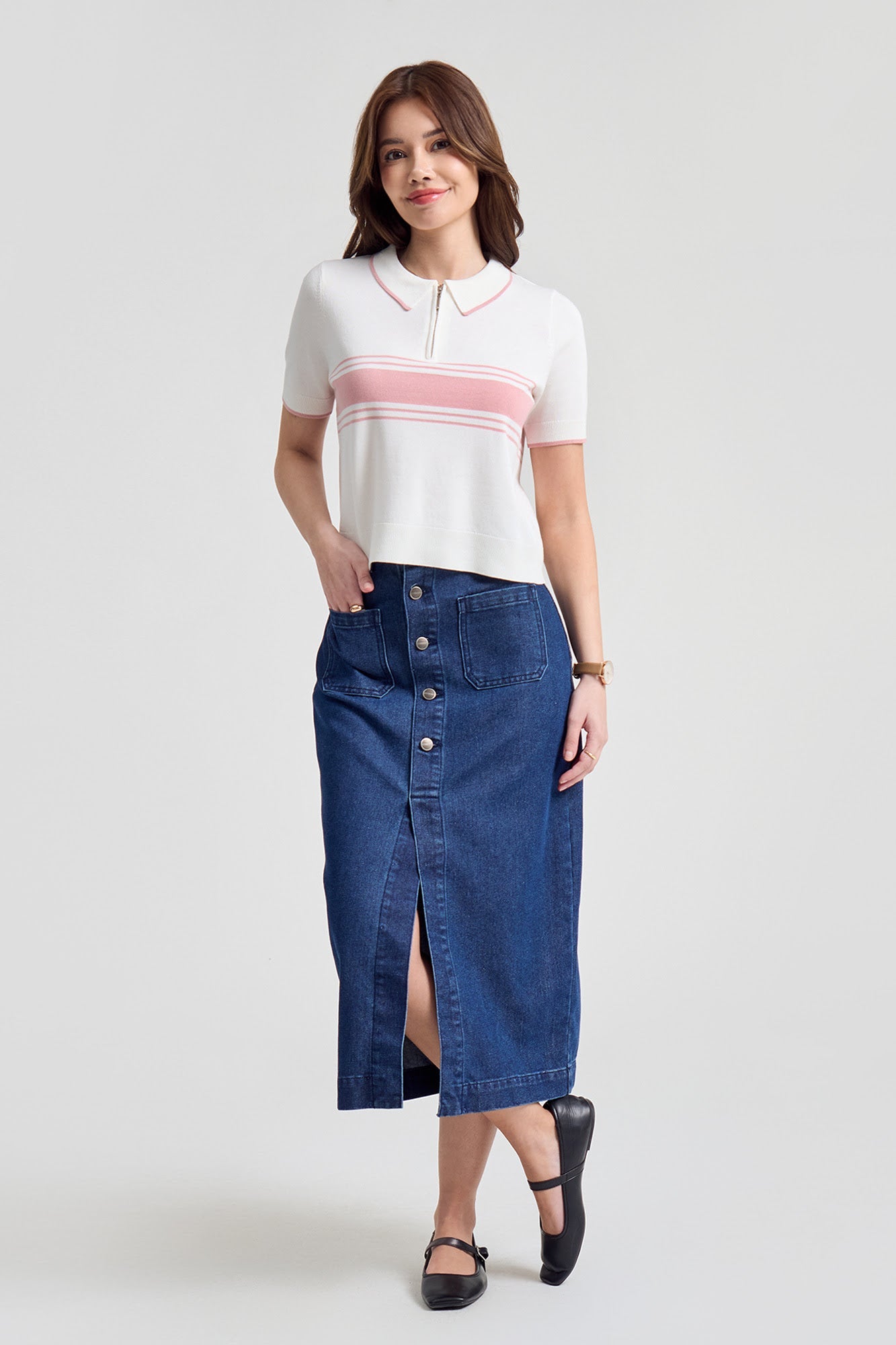Relaxed Fit Flat Knit Polo with Color Block Detail