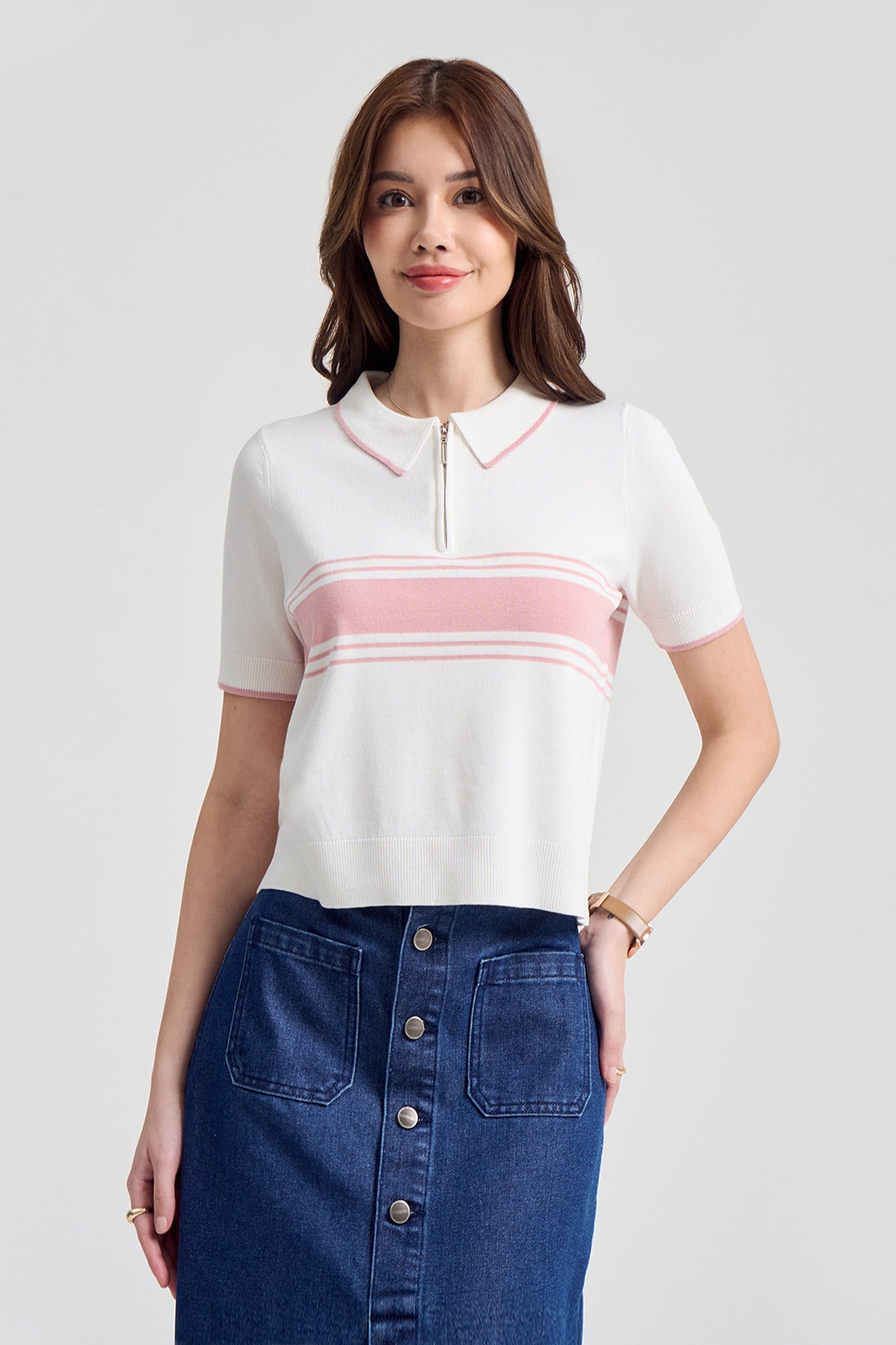 Relaxed Fit Flat Knit Polo with Color Block Detail