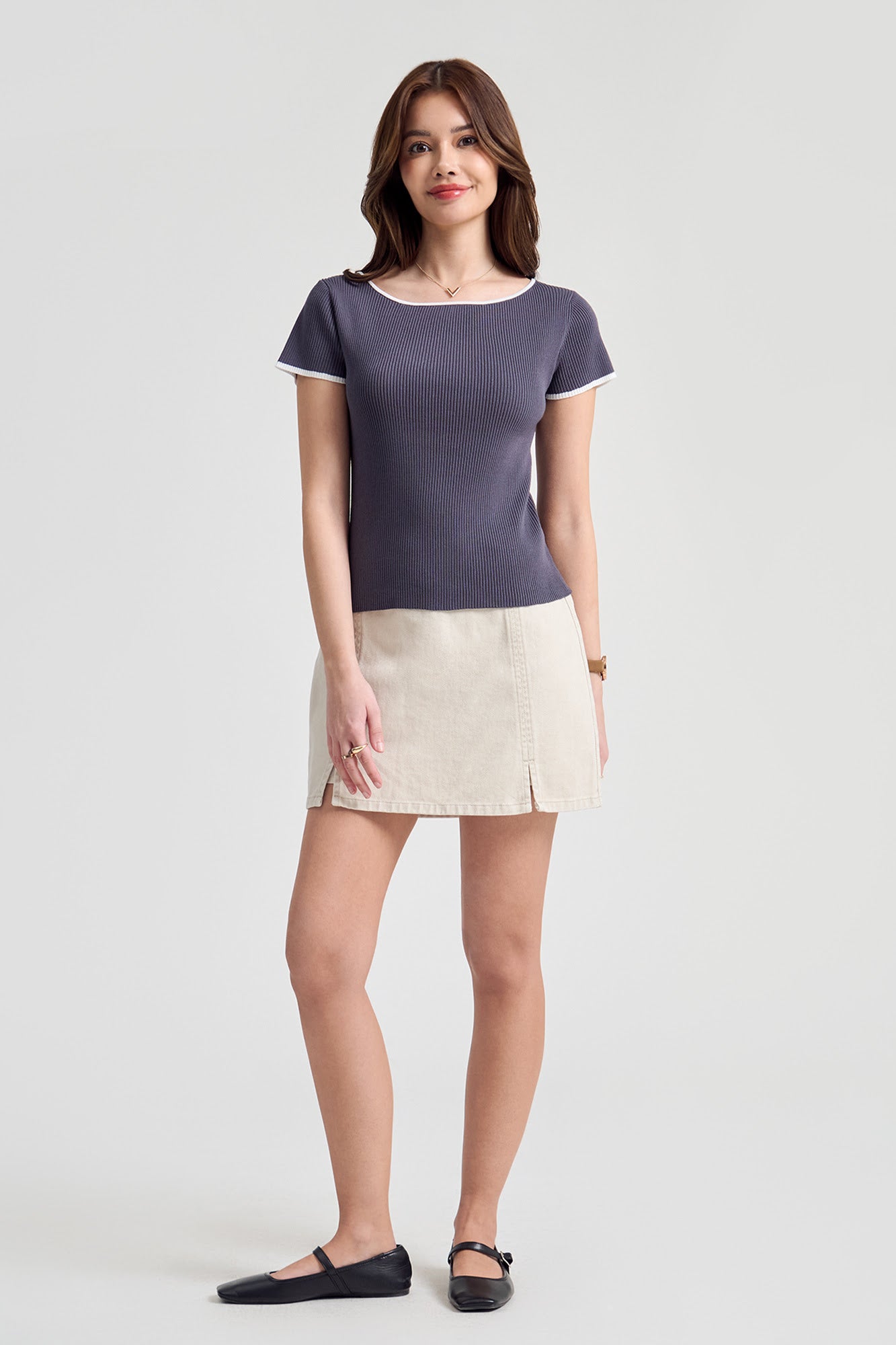 Slim Fit Cap Sleeve Boat Neck Top with Contrast Trimming