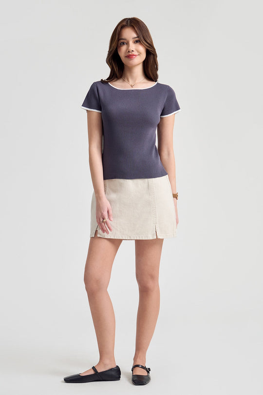 Slim Fit Cap Sleeve Boat Neck Top with Contrast Trimming