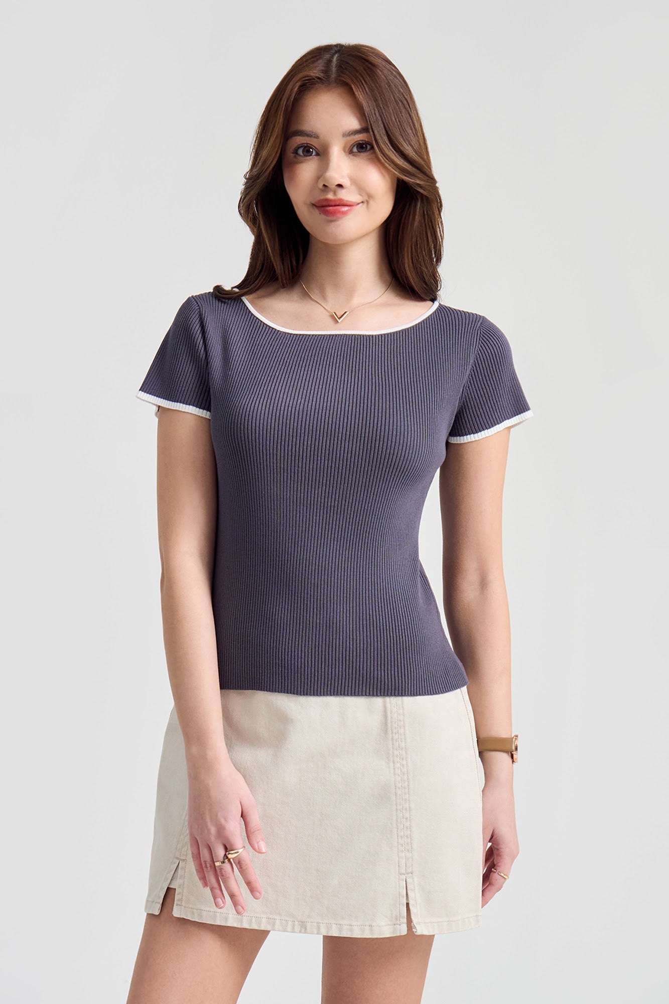 Slim Fit Cap Sleeve Boat Neck Top with Contrast Trimming