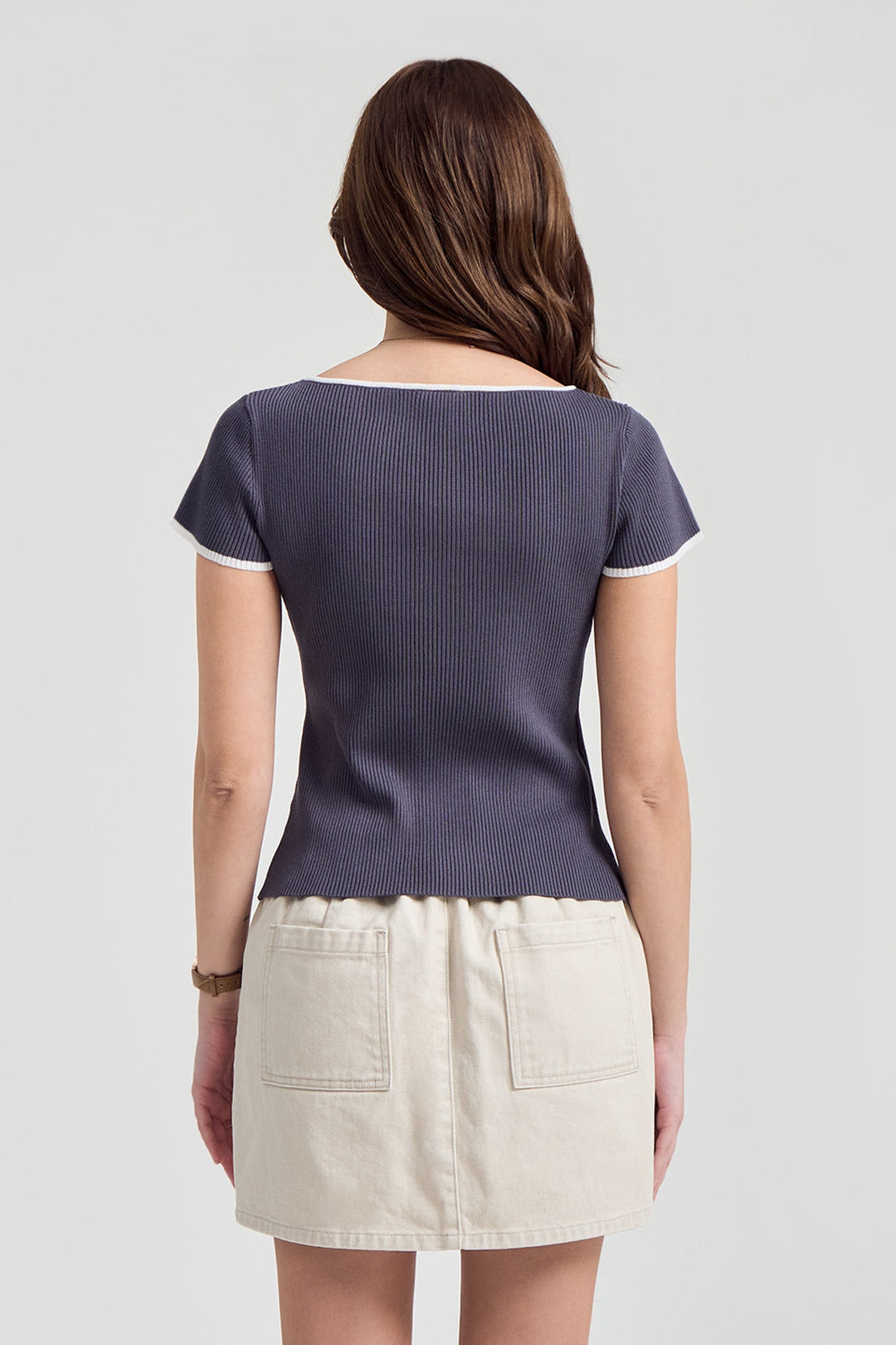 Slim Fit Cap Sleeve Boat Neck Top with Contrast Trimming