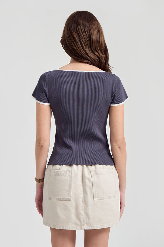 Slim Fit Cap Sleeve Boat Neck Top with Contrast Trimming