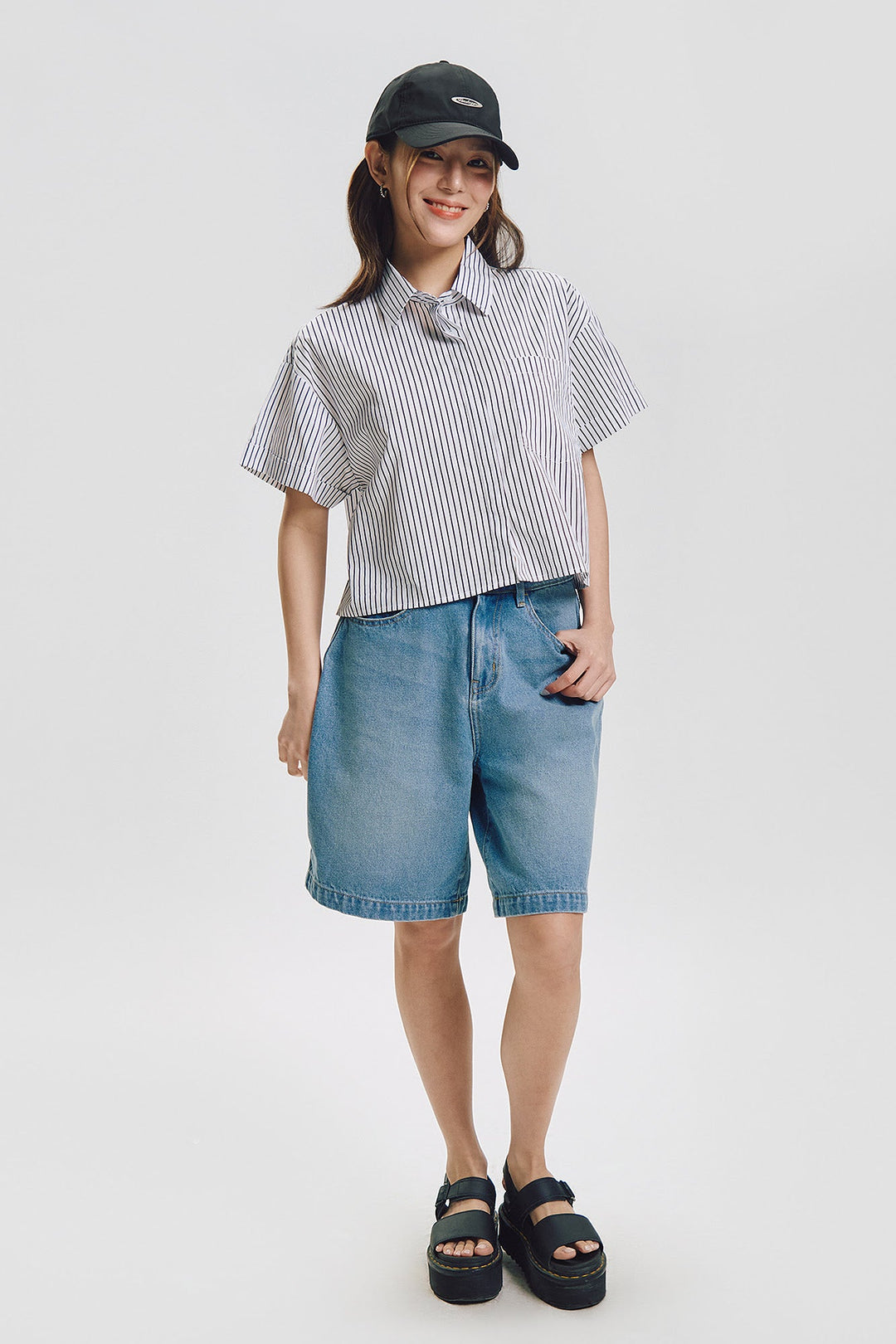 Stripes Cropped Short Sleeve Button Down Top