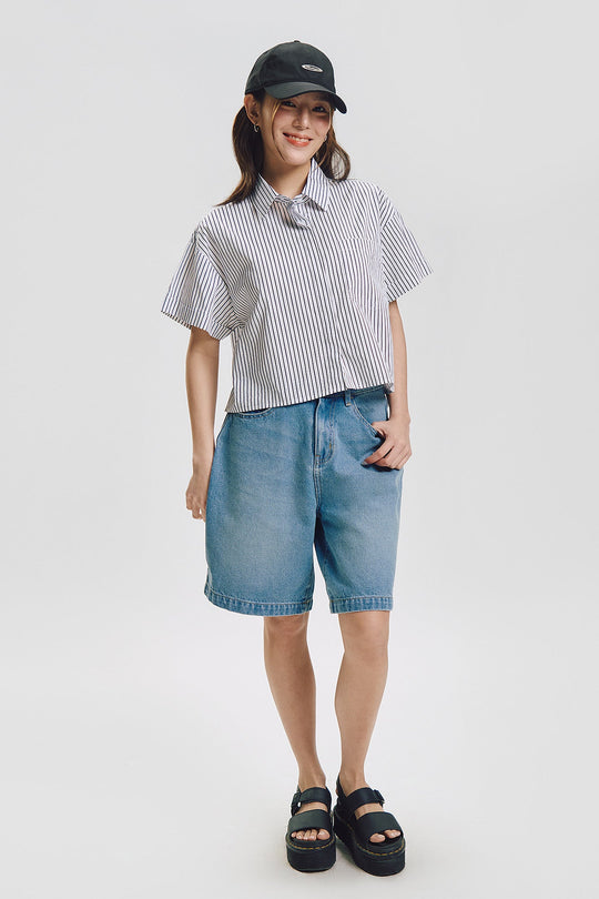 Stripes Cropped Short Sleeve Button Down Top