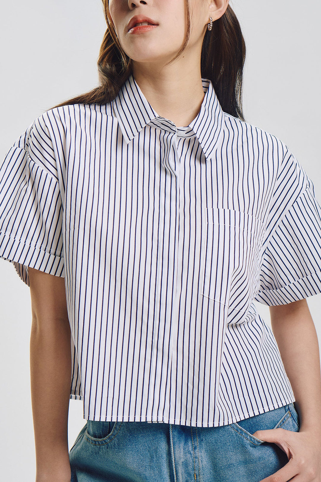 Stripes Cropped Short Sleeve Button Down Top