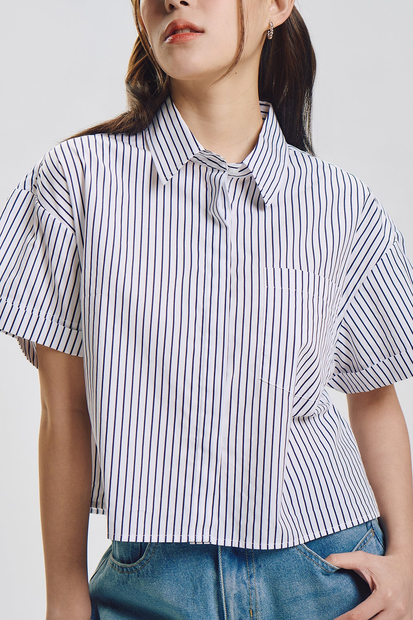 Stripes Cropped Short Sleeve Button Down Top
