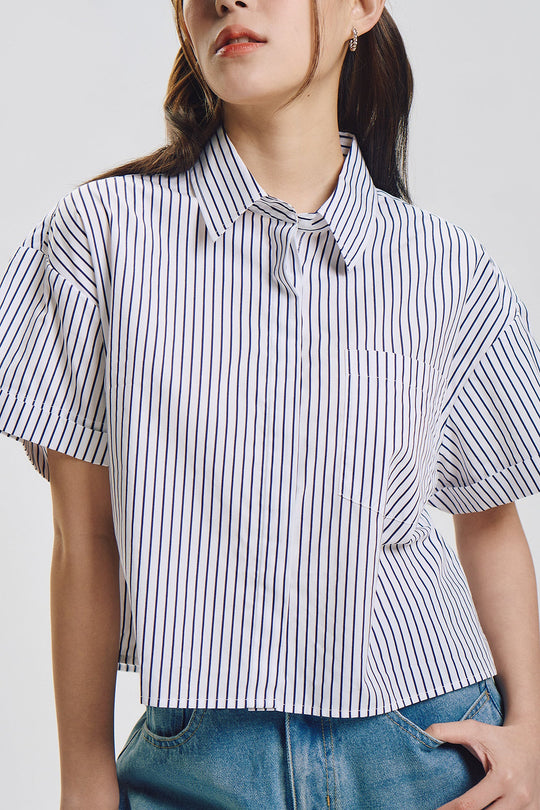 Stripes Cropped Short Sleeve Button Down Top