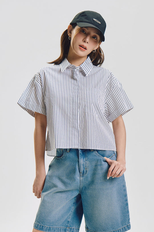 Stripes Cropped Short Sleeve Button Down Top