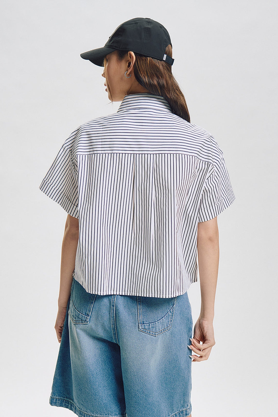 Stripes Cropped Short Sleeve Button Down Top