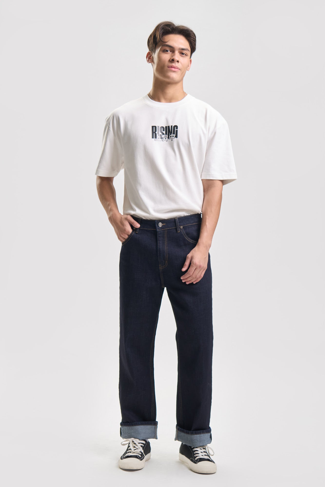 Straight Fit Turn-Up Hem Jeans