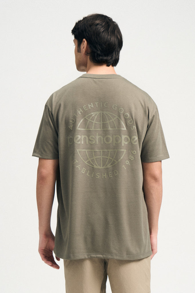 HELLO■Washed Doodle Typo Relaxed Fit 6Panel Cap_Khaki Relaxed Fit T-Shirt with Branding Print – PENSHOPPE