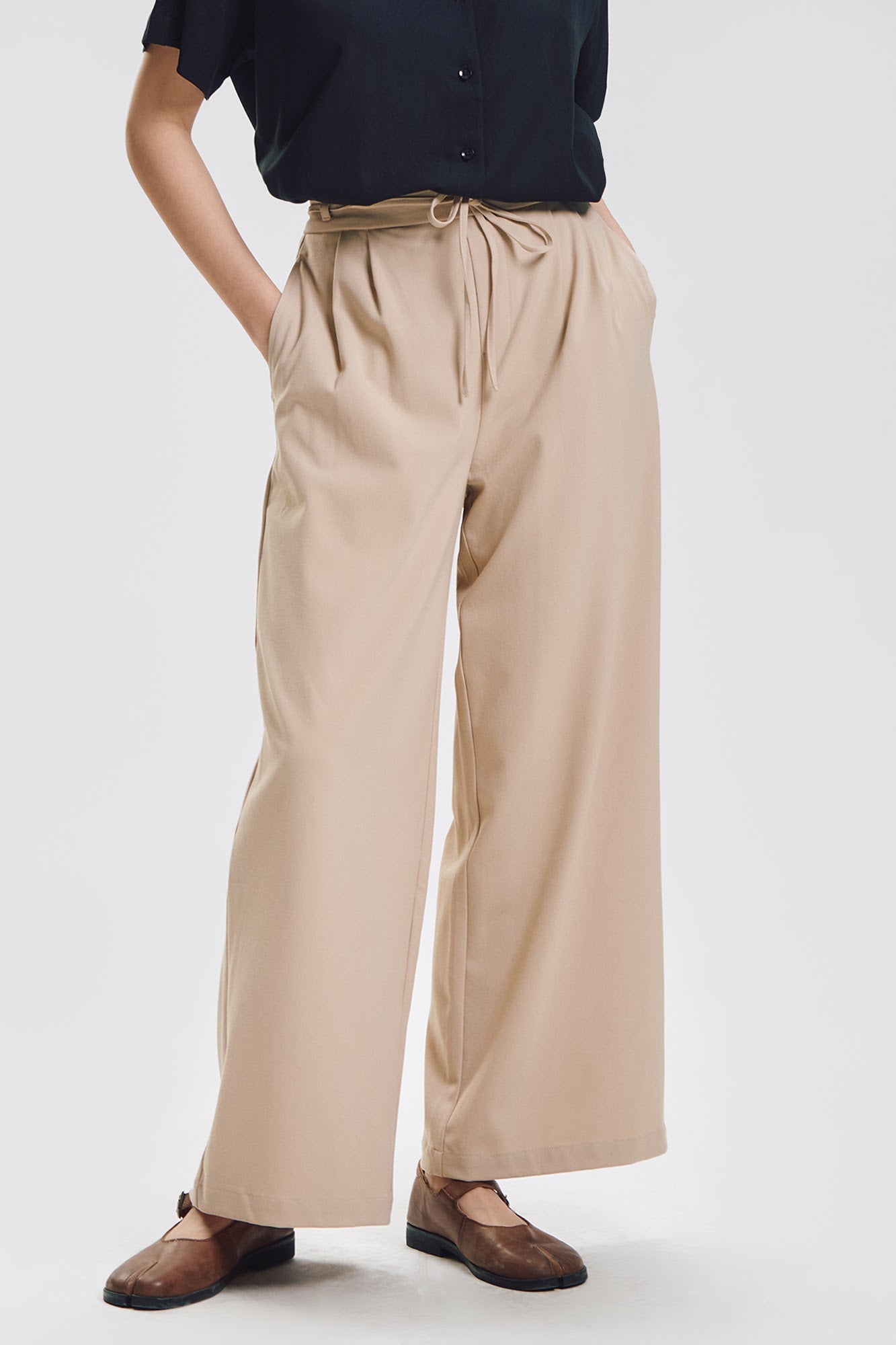 Wide Pull-On Pleated Pants