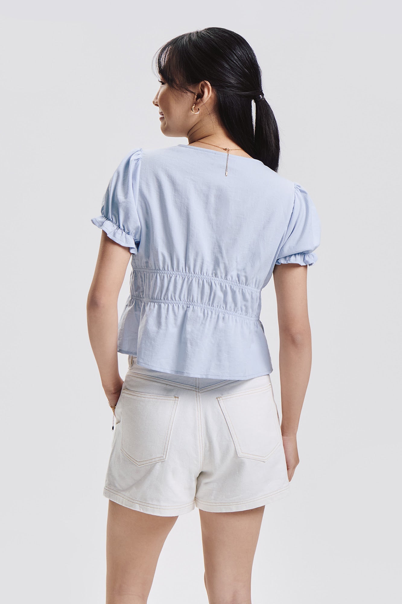 Short Puff Sleeve Blouse with Tie Details